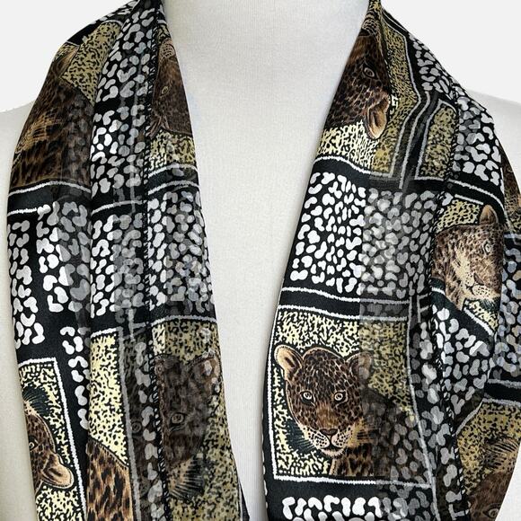 Vintage Moem Scarf Animal Leopard Print 12x59 Brown Gold Shimmer Soft Drape - Picture 1 of 14